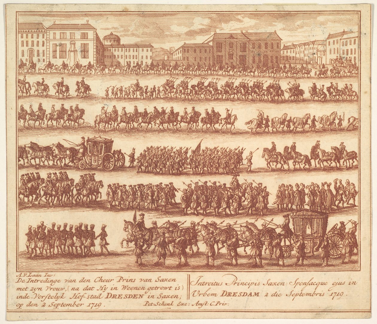 萨克森亲王与妻子于1719年9月2日在德累斯顿（Dresden）进驻。 1700-1755。 作者 阿道夫·范德兰