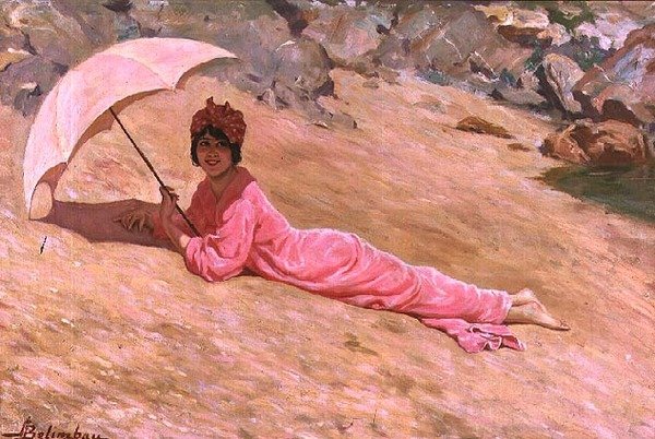 撑着粉色遮阳伞躺在沙滩上的女孩（布面油画 作者 阿道夫·贝林鲍