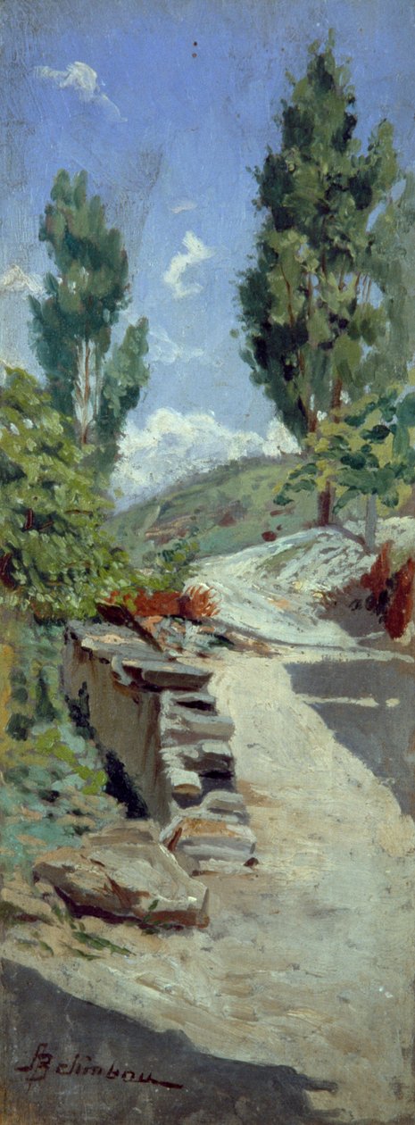 阿道夫-贝林鲍（1845-1938）的《山间之路》，油画板，23x9厘米 作者 阿道夫·贝林鲍