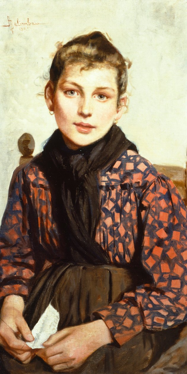 阿道夫-贝林鲍（1845-1938）的坐姿女孩，布面油画，71x37厘米 作者 阿道夫·贝林鲍