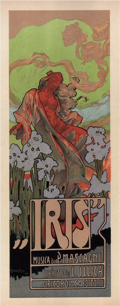 皮耶特罗·马斯卡尼（Pietro Mascagni）的《虹膜歌剧》海报，1898年 作者 阿道夫·海恩斯坦