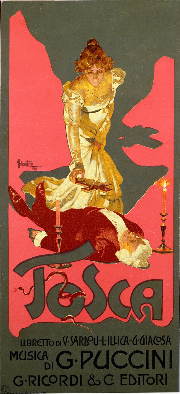 贾科莫·普契尼 (Giacomo Puccini，1858-1924) 1906 年为歌剧《托斯卡》(La Tosca) 创作的自由风格海报。 Adolfo Hohenstein (1854-1928) 米兰私人收藏的 30x13,5 厘米插图 作者 阿道夫·海恩斯坦