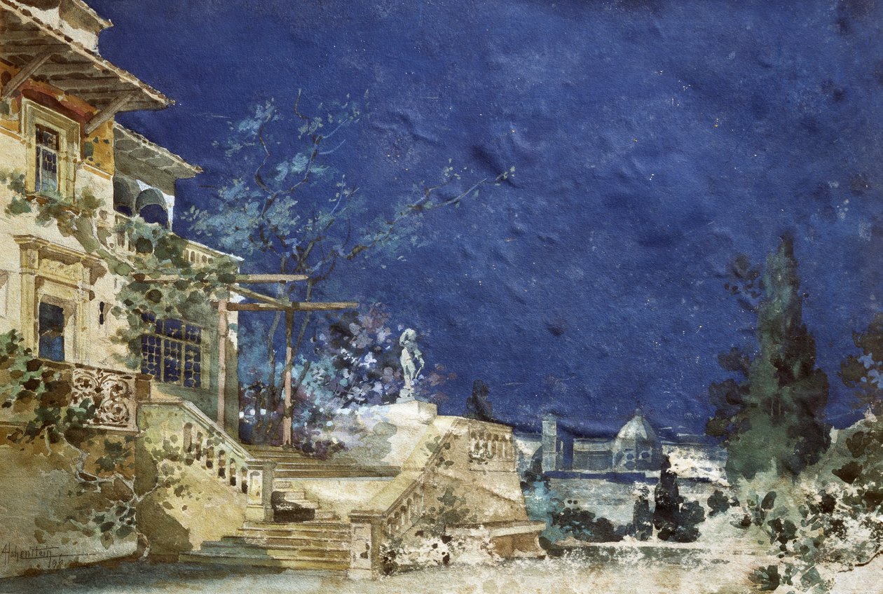 阿道夫-霍恩斯坦（1854-1928）为皮埃特罗-马斯卡尼（1863-1945）的歌剧《扎内托》首演设计布景 作者 阿道夫·海恩斯坦