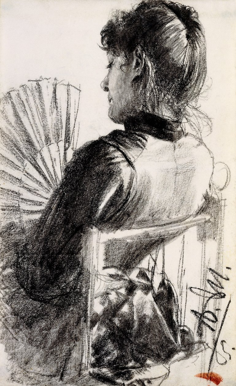 带风扇的女人，1885年 作者 阿道夫门泽尔