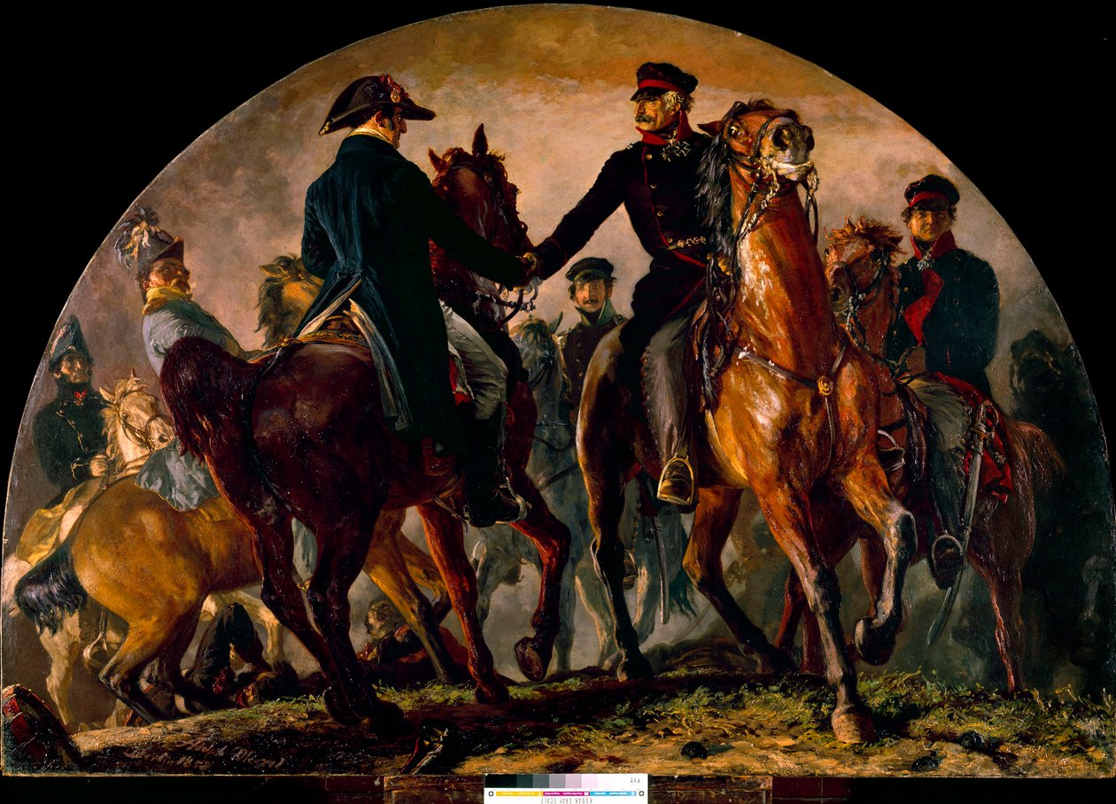 Gebhard Leberecht von Blucher (1742-1819) 和 Arthur Wellesley Wellington (1769-1852) 在 La Belle Alliance 之战 (1815) 中会面。 阿道夫·门泽尔 (Adolf Menzel) (1815-1905) 的绘画 全部 作者 阿道夫门泽尔