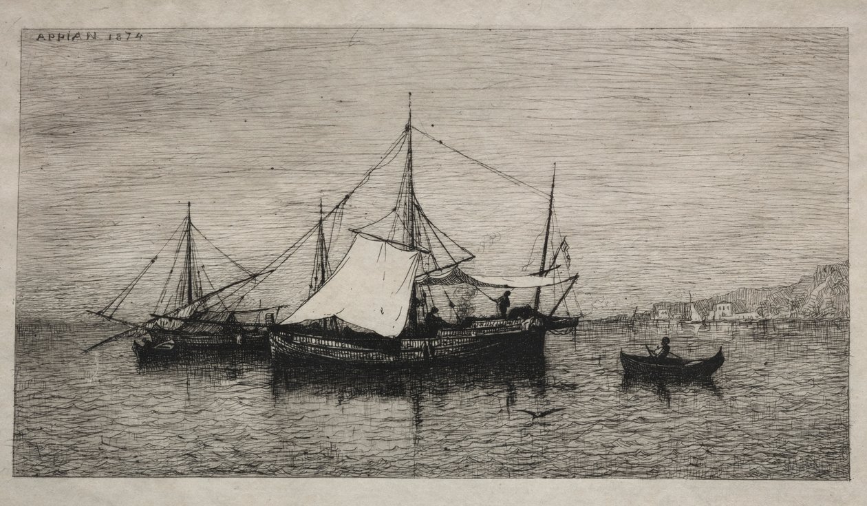 意大利的卡巴塔基海岸船，1874年。 作者 阿道夫·阿皮安