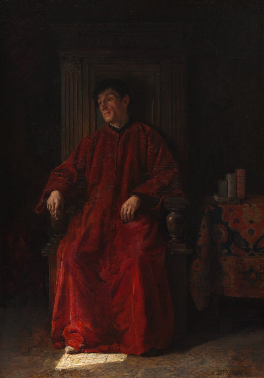 穿红袍的法官，约 1890 年（油画镶板） 作者 阿道夫·查尔斯·爱德华·斯坦海尔