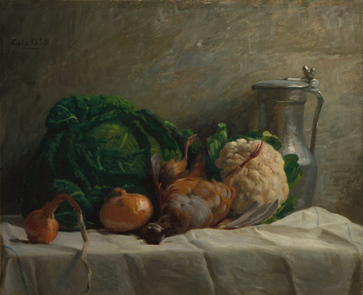 静物与蔬菜，Part和水罐，1858年。 作者 阿道夫·费利克斯·卡尔斯（Adolphe Felix Cals）