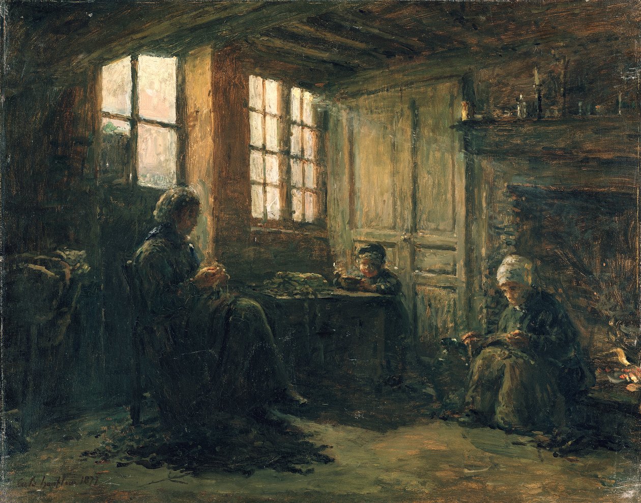 妇女欺负亚麻，翁弗勒尔，1877年 作者 阿道夫·费利克斯·卡尔斯（Adolphe Felix Cals）