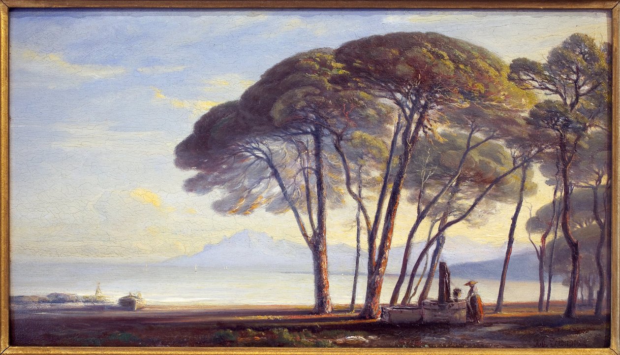 该物业位于胡安莱潘（Juan-Les-Pins）。 阿道夫·菲乌普 (Adolphe Fioupou，1824-1899) 的绘画，木板油画 作者 阿道夫·菲奥普