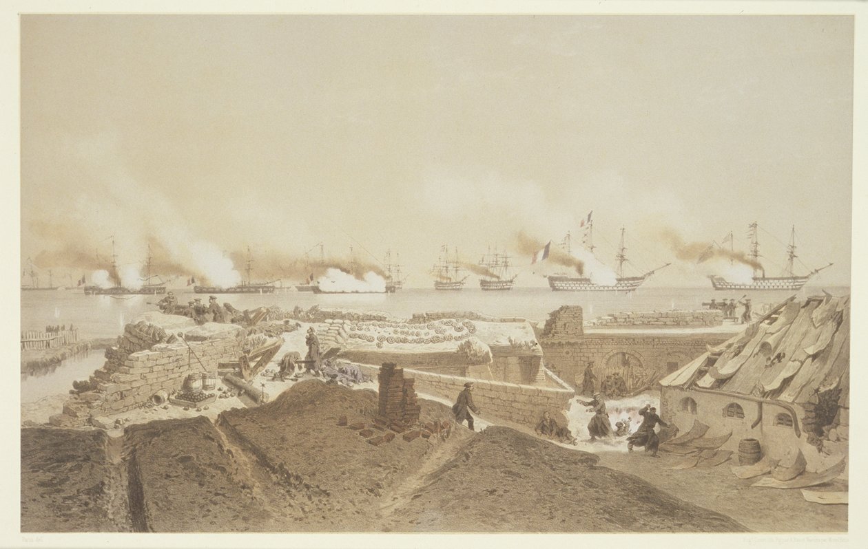 法国舰队在第聂伯河河口对Kil-Bouroun进行轰炸，来自1855年至1956年的Nos Souvenirs de Kil-Bouroun吊坠LHiver passe dans Le Euman Ciceri（1 作者 阿道夫·让·巴蒂斯特·巴约（Adolphe Jean Baptiste Bayot）和安东尼·莱昂·莫雷尔