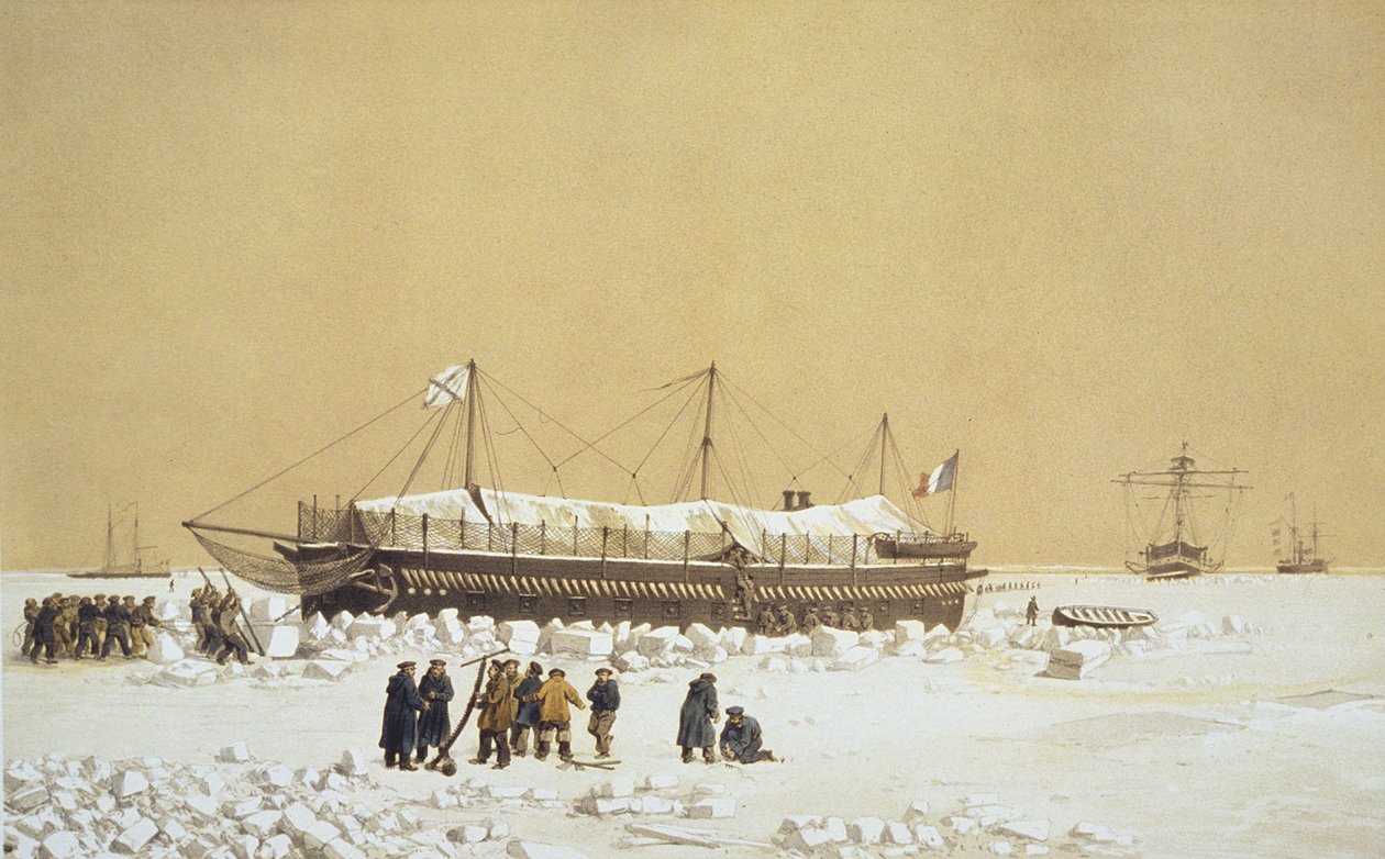 在Kil-Bouroun之前的冰上漂浮电池La Tonnante，来自Nos Souvenirs de Kil-Bouroun吊坠LHiver passe dans Le Liman du Dnieper，1855-56，由Eugene Ciceri（1813-90）雕刻出版c.18 作者 阿道夫·让·巴蒂斯特·巴约（Adolphe Jean Baptiste Bayot）和安东尼·莱昂·莫雷尔