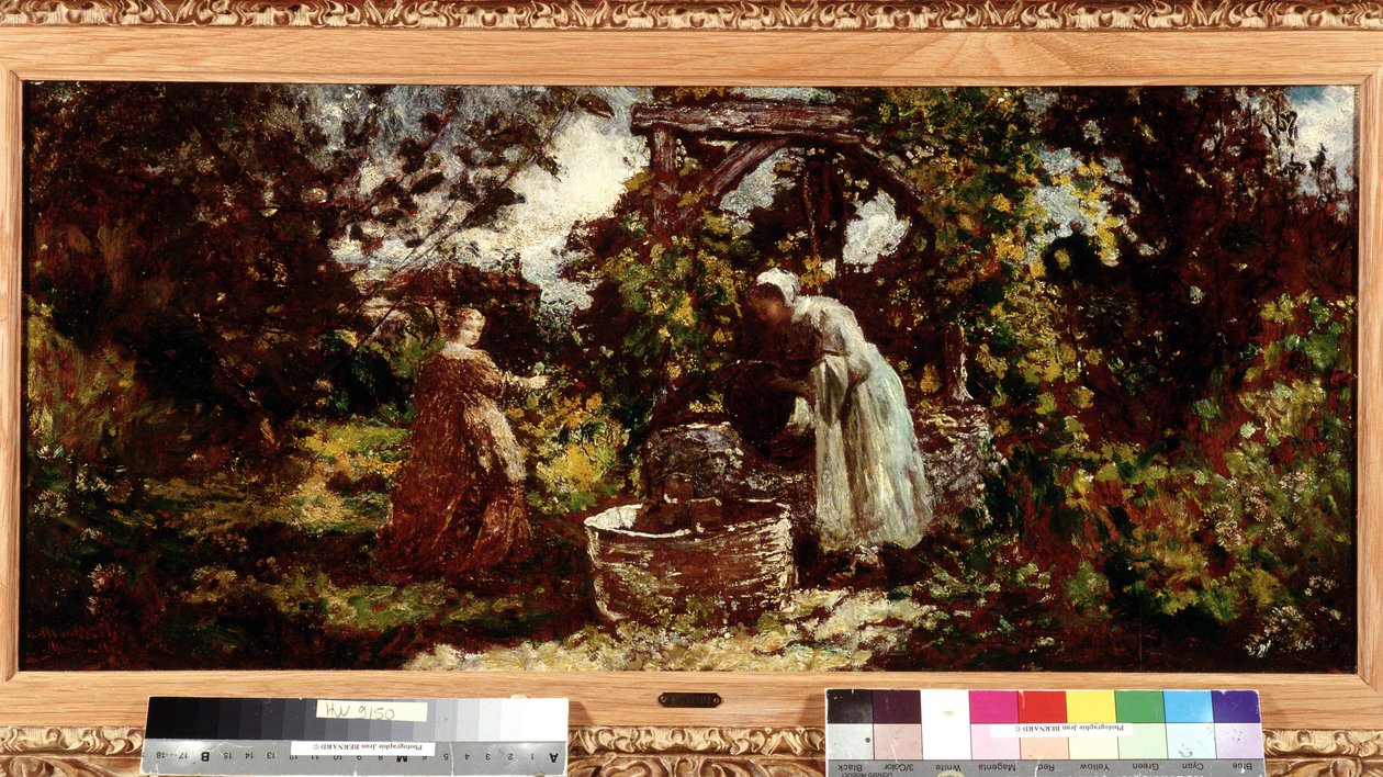 阿道夫·蒙蒂塞利 (Adolphe Monticelli，1824-1886) 的画作《井边的优雅人和她的女仆》。 34,5x69,5 cm 强制提及：普罗旺斯、马赛收藏基金会的问候 作者 阿道夫·约瑟夫·托马斯·蒙蒂切利
