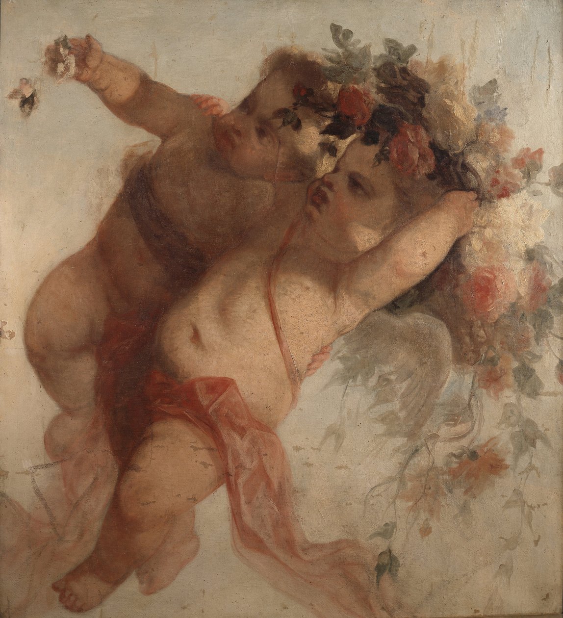 爱情音乐家，阿道夫·蒙蒂切利（Adolphe Monticelli，1824-1886）绘制的埃尔多拉多绘画装饰片段 尺寸 100x90 厘米 Musee Grobet-Labadie 作者 阿道夫·约瑟夫·托马斯·蒙蒂切利
