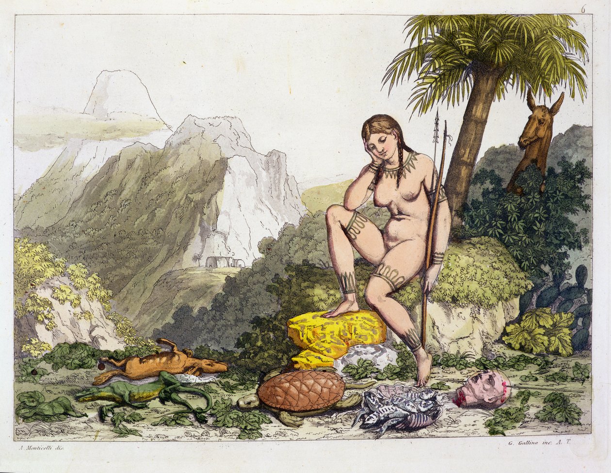 南美印第安女人，由Gallo Gallina（1796-1874）刻（彩色雕刻） 作者 阿道夫·约瑟夫·托马斯·蒙蒂切利