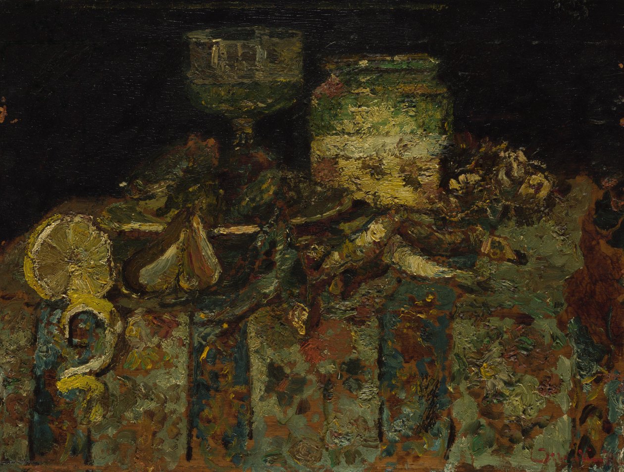 静物：牡蛎，鱼，角c。 1880年 作者 阿道夫·约瑟夫·托马斯·蒙蒂切利