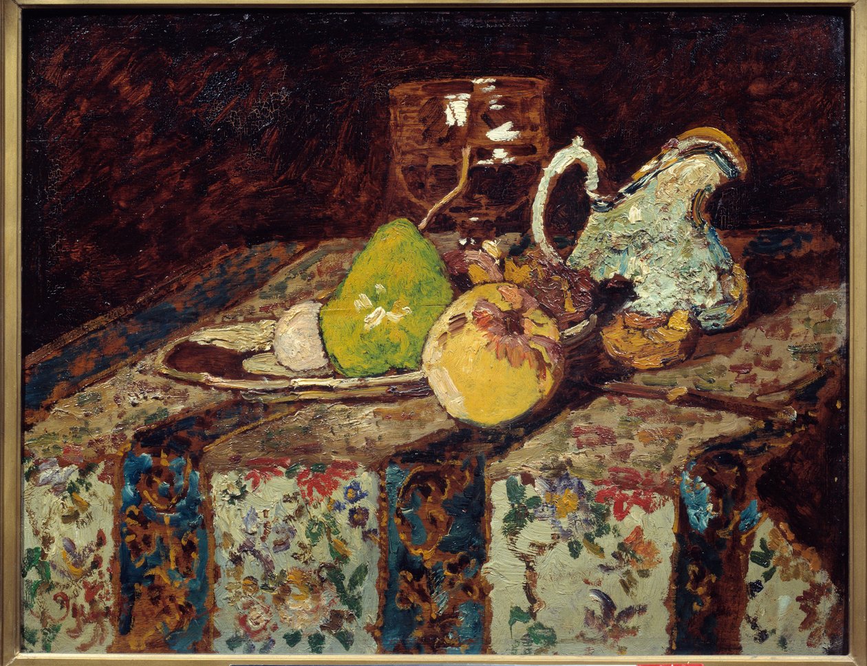 与白色投手的静物画。 阿道夫·蒙蒂塞利 (Adolphe Monticelli) 的绘画 (1824-1886) 作者 阿道夫·约瑟夫·托马斯·蒙蒂切利