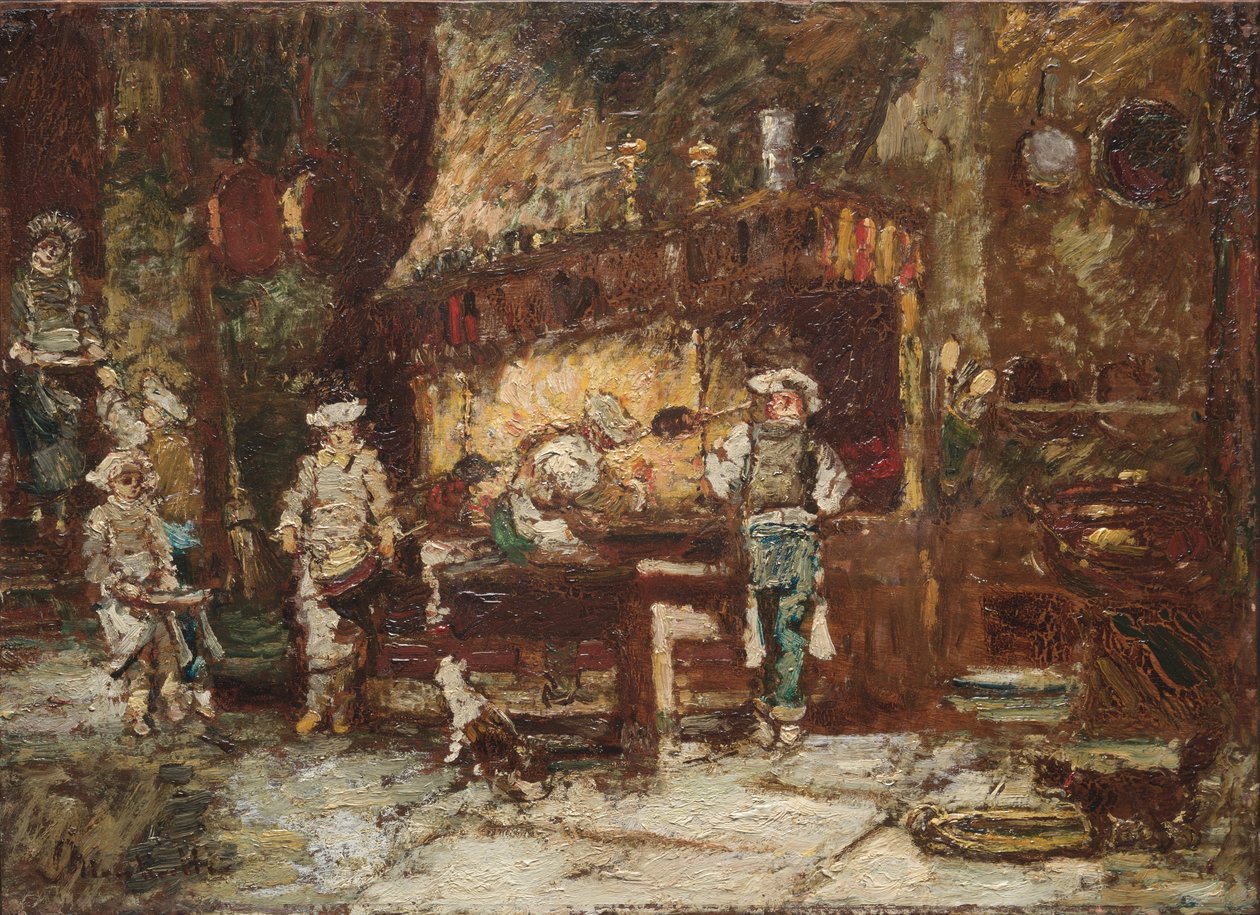 Rôtisserie des Deux Paons 的厨房，约 1875-81 年（木板油画） 作者 阿道夫·约瑟夫·托马斯·蒙蒂切利