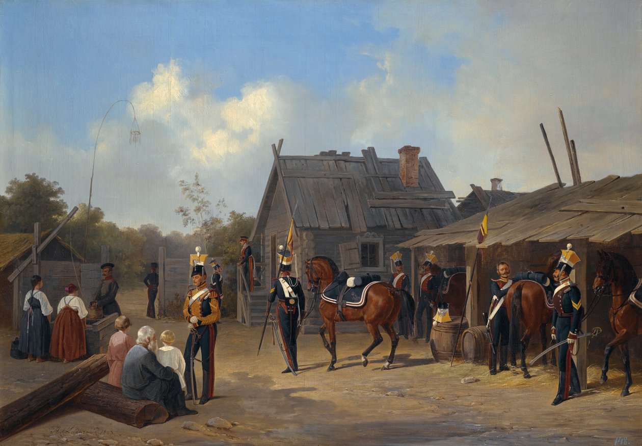 ""Soldiers bivouac in a village "" (Soldiers bivouacking in a village) 阿道夫·拉杜纳 (Adolphe Ladurner) 的画作 (1798-1856) 作者 阿道夫·拉杜纳