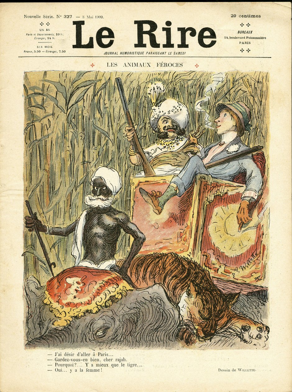 Adolphe dit Willette (1857-1926)为《笑声》杂志封面所作的插图，09年5月8日 - 凶猛的动物 - 反女权主义, 嗜好, 狩猎猎人, 印度, 英属印度, 动物 - 大象, 妇女, 虎 作者 阿道夫·莱昂·威莱特