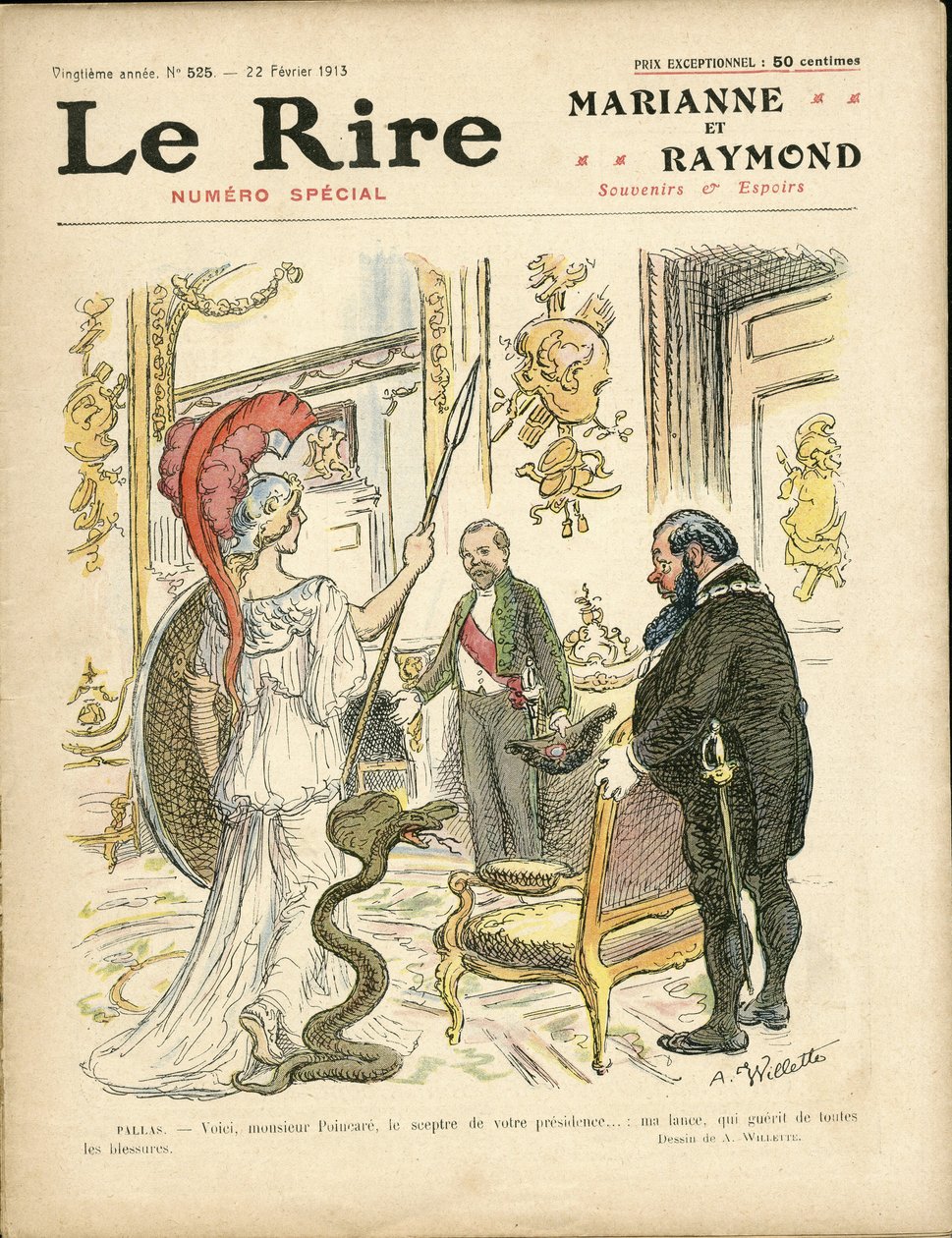 Adolphe dit Willette (1857-1926)为《Le Rire》杂志封面所作的插图，22/02/13 - 共和国总统，帽子，爱丽舍宫，扶手椅（权力的象征） - Poinscare Raymond 作者 阿道夫·莱昂·威莱特