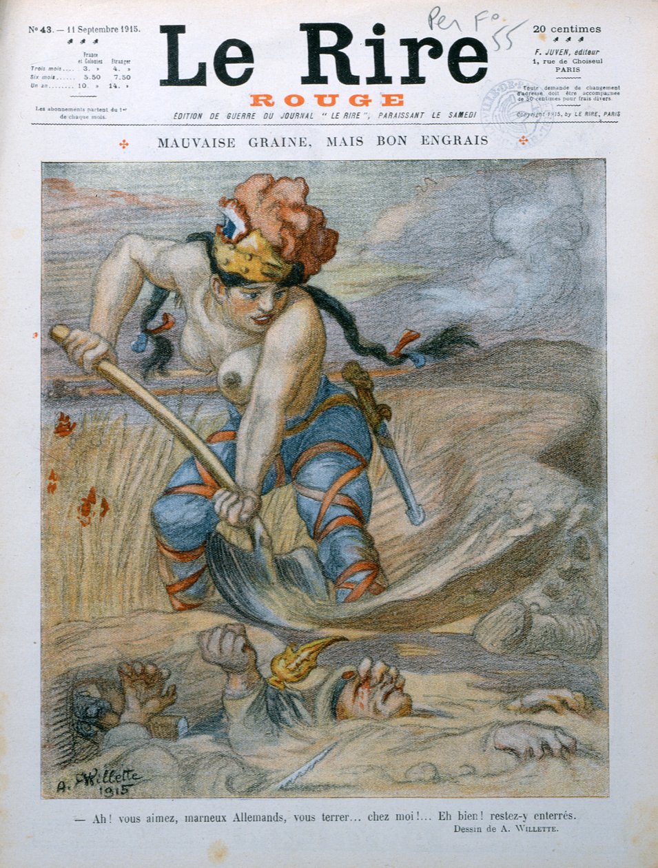 1915年9月11日，Marianne在Marne Trenches中掠夺德国士兵，漫画来自“Le Rire Rouge”杂志 作者 阿道夫·莱昂·威莱特