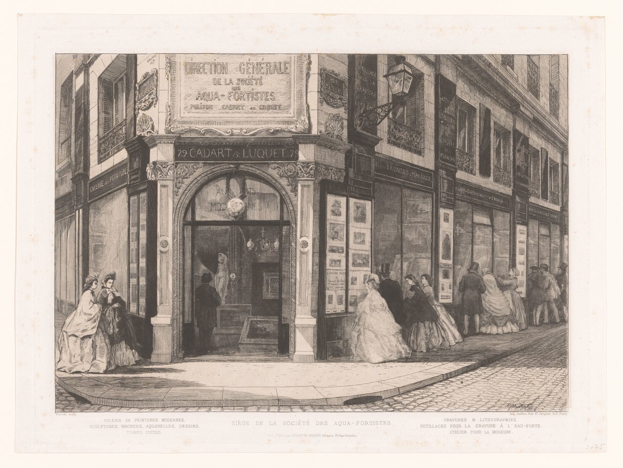 Cadart 和 Luquet 商店的景观，商店橱窗前有女士们先生们 Siège de la Society des Aqua-fortistes（物体上的标题） Eaux-Fortes Modernes: Originales et Inédites（系列名称） 作者 阿道夫·武术·波蒙特