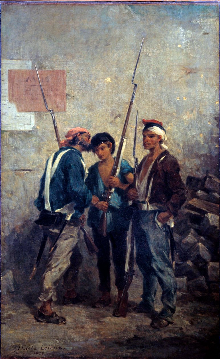Revolution of 1848: “” the slogan”””” Parisian insurges passing the word near the barricades in the day of 24/02/1848. Painting by Adolphe Pierre Leleux (1812-1891) 1848 Sun. 0,93x0,58 m 作者 阿道夫·皮埃尔·勒勒