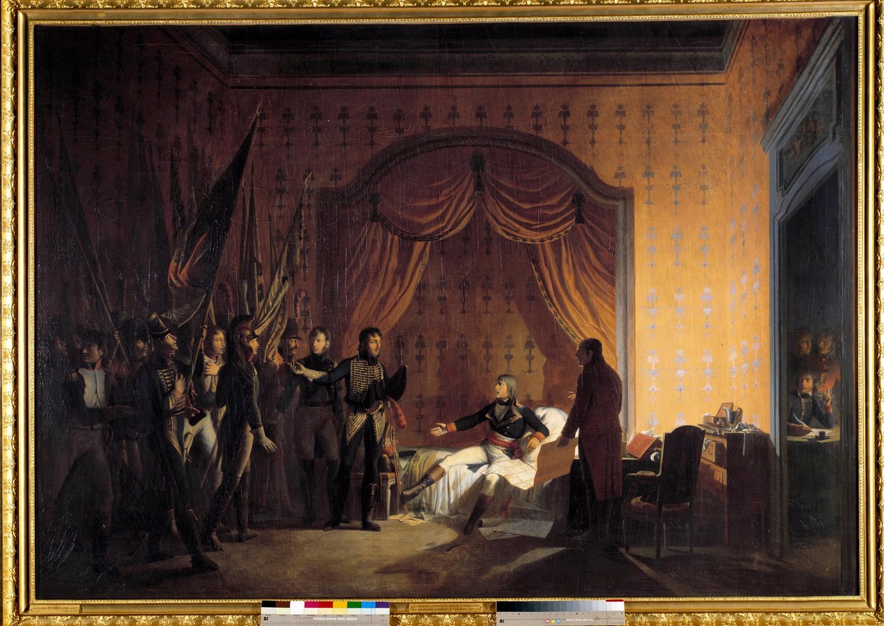 意大利第一次战役（1796-1797 年）：“”拿破仑·波拿巴（1769-1821 年）在米勒西莫接受由马尔蒙将军和让·安多什·朱诺（Jean-Andoche）将军在蒙特诺特战役和夺取科萨里亚战役中所采取的南方旗帜（ 1771-1813) 作者 阿道夫·罗恩（Adolphe Roehn）