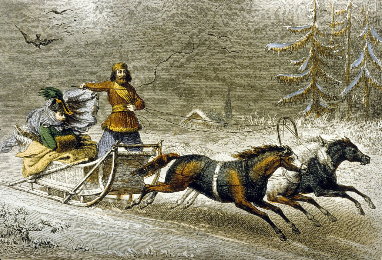 雪中的雪橇，俄罗斯（彩色雕刻） 作者 阿道夫·鲁阿格（Adolphe Rouargue）