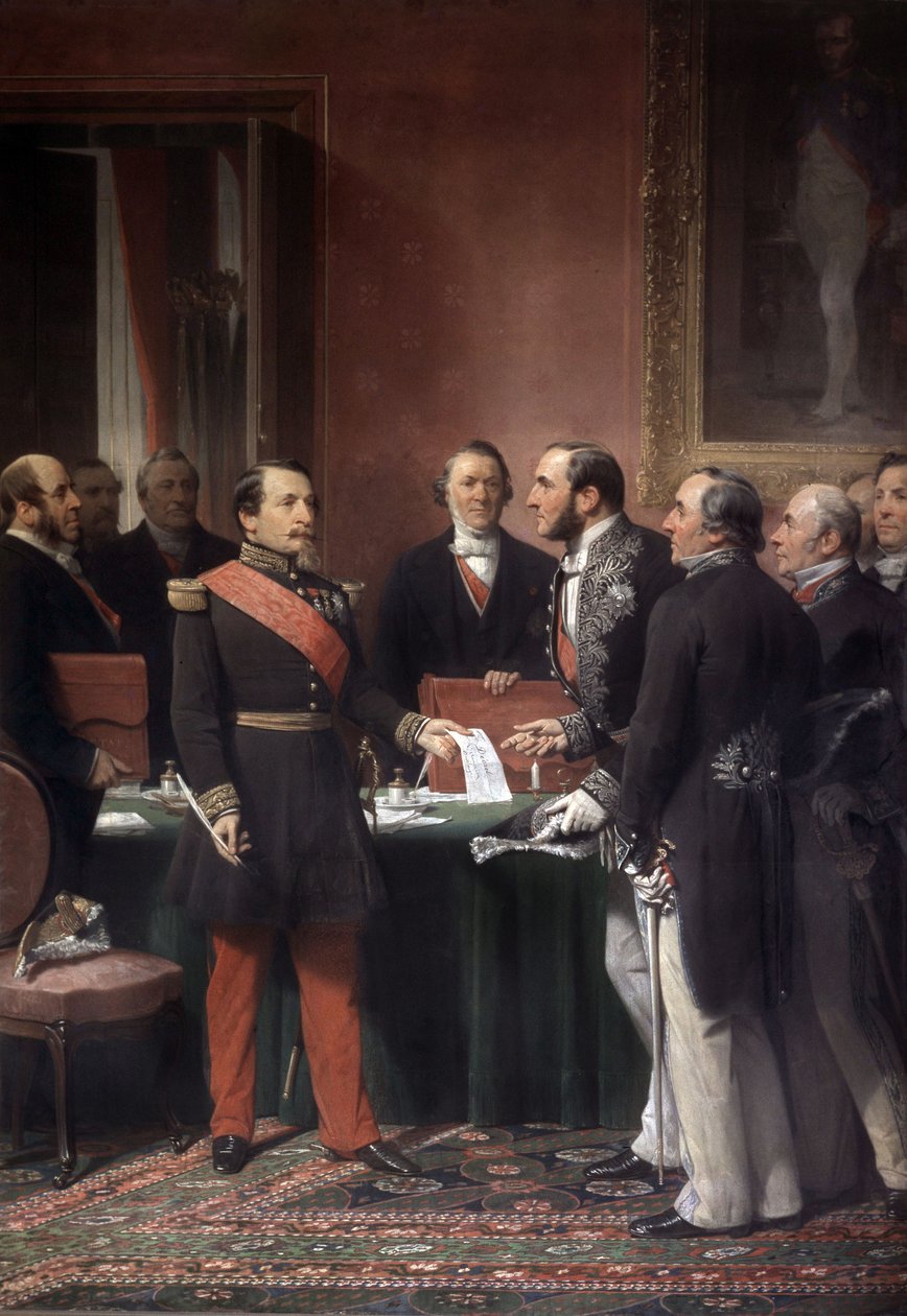French emperor Napoleon III giving to Baron Haussmann decree on annexation of suburban towns in Paris in June 1859 作者 阿道夫·伊冯（Adolphe Yvon）