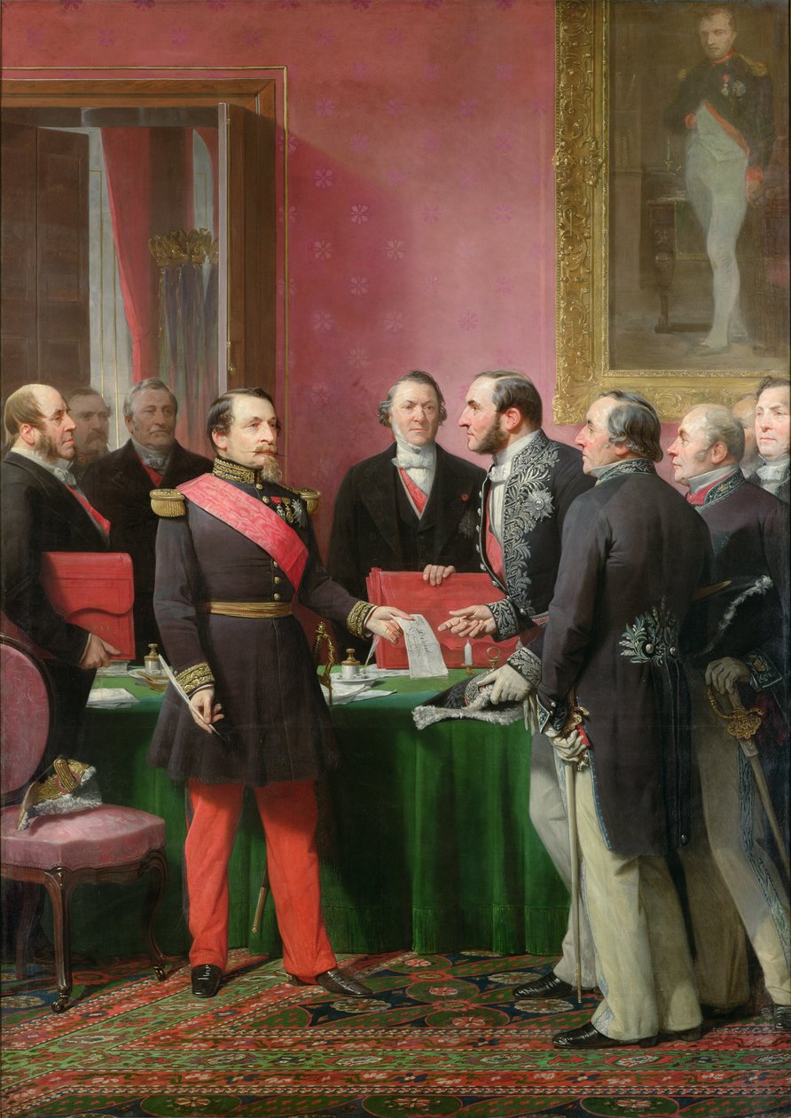拿破仑三世（1808-73）移交该法令，允许在1859年6月将巴黎郊区公社并入Baron Georges Haussmann（1809-91） 作者 阿道夫·伊冯（Adolphe Yvon）