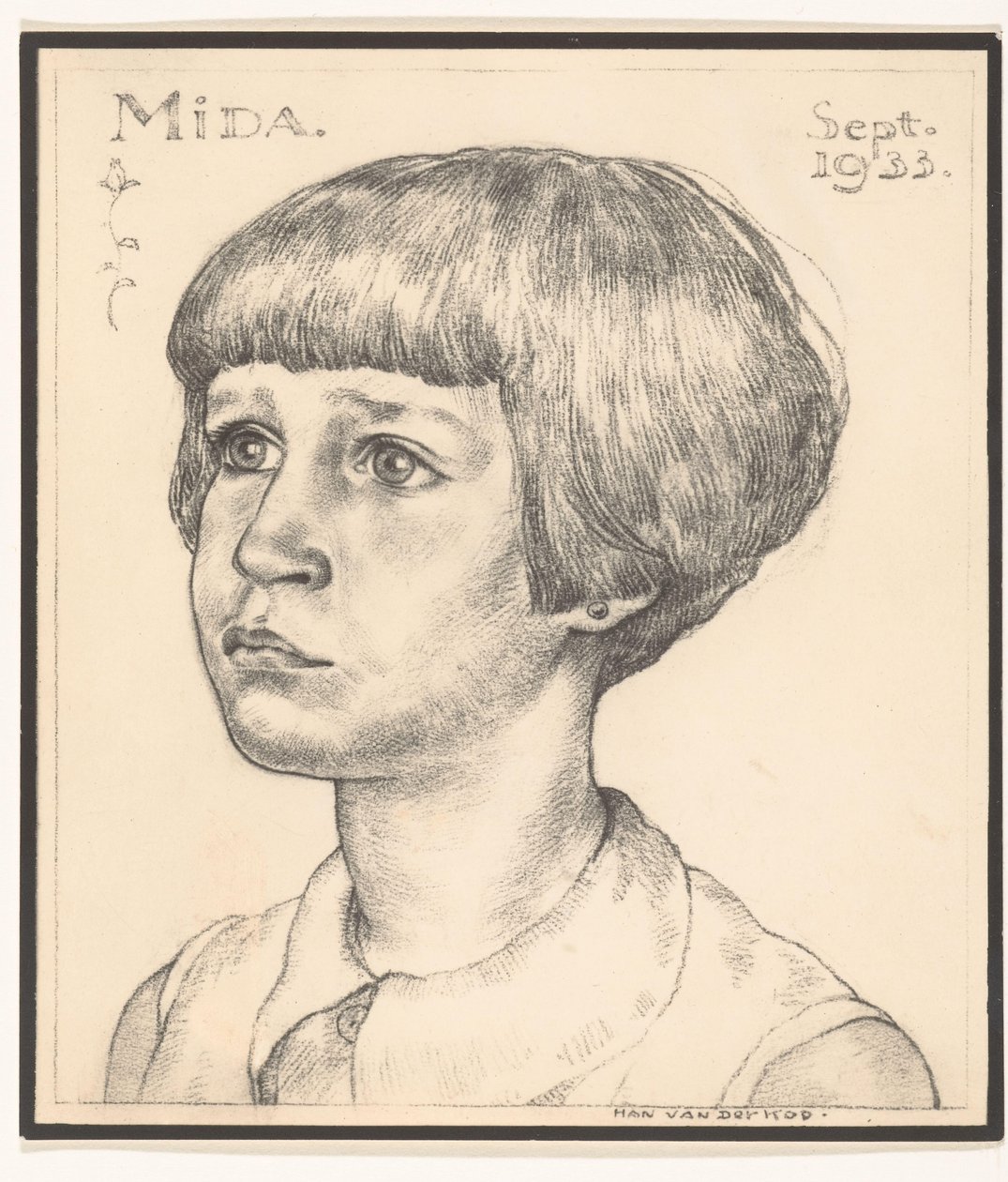 Han van der Kop 绘制的米达（Mida）肖像的照片再现
米达（Mida），1933 年 7 月（物上标题 作者 Adriaan Bijl（归因于）