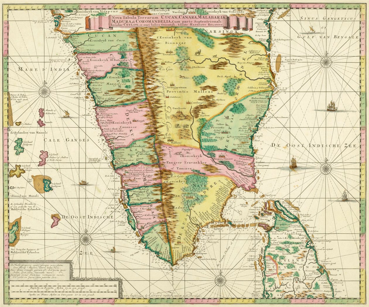 在荷兰制图师阿德里亚·雷兰德（Adriaan Reland）于1720年左右完成的工作之后，绘制了印度南部和锡兰的地图 作者 阿德里安·雷兰德