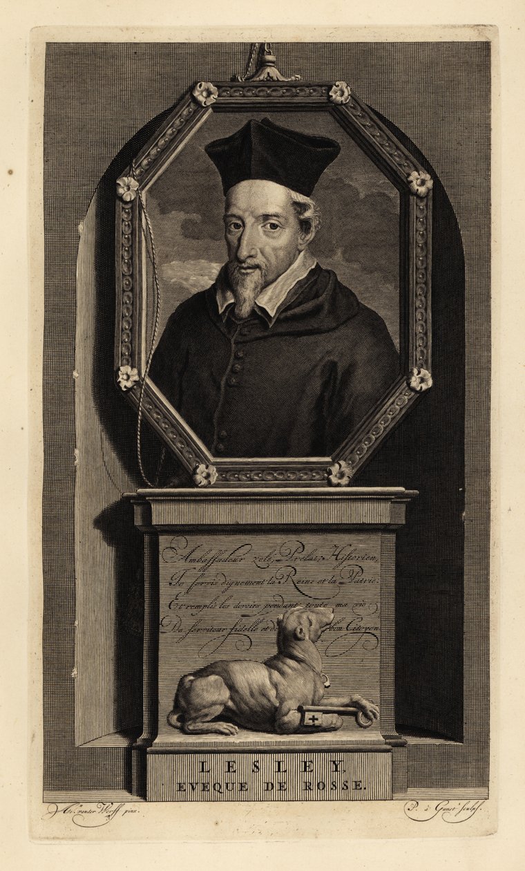 John Lesley, Scottish historian and Bishop of Ross. Eveque de Rosse. Dog with key. Copperplate engraving by Pieter Stevens van Gunst after Adriaen van der Werff from Isaac de Larrey’s Histoire d’Angleterre, d’Ecosse et d’Irlande, Amsterdam   1467098   zh   作者 阿德里安·范德（Adriaan van der）（后）·韦尔夫