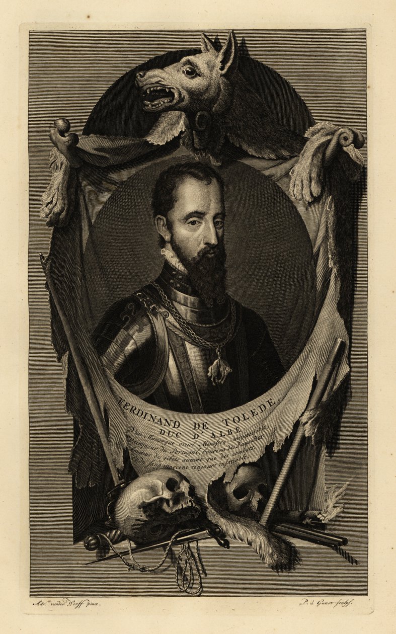 阿尔巴三世公爵费迪南德-阿尔瓦雷斯-托莱多-皮门特尔（Ferdinand Alvarez de Toledo y Pimentel）或铁公爵的肖像。身着铠甲，佩戴金羊毛勋章链。狼皮、人头骨、剑、匕首和燧发枪。阿尔贝公爵费迪南德-德-托勒德。铜制 作者 阿德里安·范德（Adriaan van der）（后）·韦尔夫