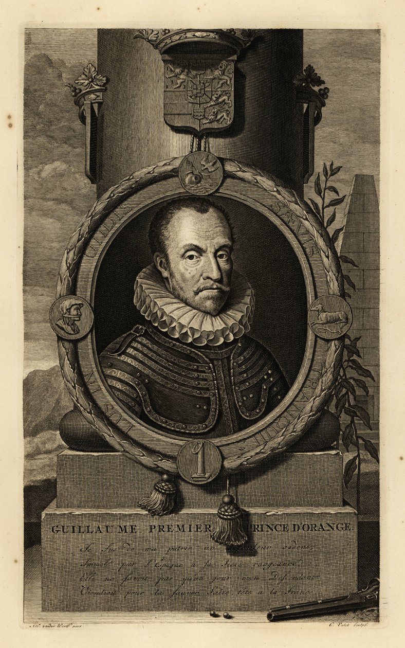 William I, Prince of Orange, William the Silent or William the Taciturn. Guillaume, Premiere Prince d’Orange. In suit of armour with lace ruff, coat of arms above, flintlock pistol and lead shot below. Copperplate engraving by Gerard Valck after Adriaen va 作者 阿德里安·范德（Adriaan van der）（后）·韦尔夫