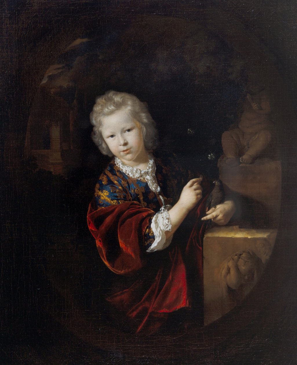 Portrait of a Young Boy Holding a Parakeet beside a Statue of Hercules 作者 阿德里安·范德沃夫