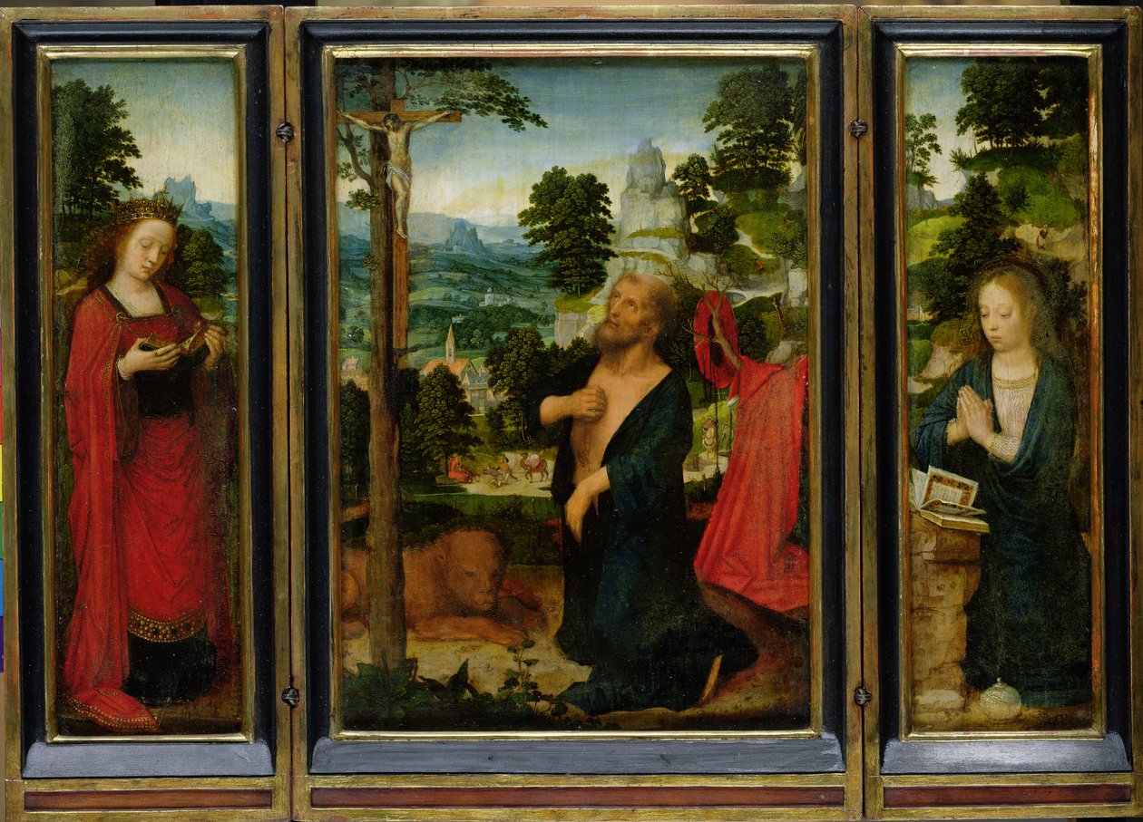 与圣杰罗姆，圣凯瑟琳和玛丽抹大拉的三联画 作者 Adriaen Isenbrandt或Isenbrant