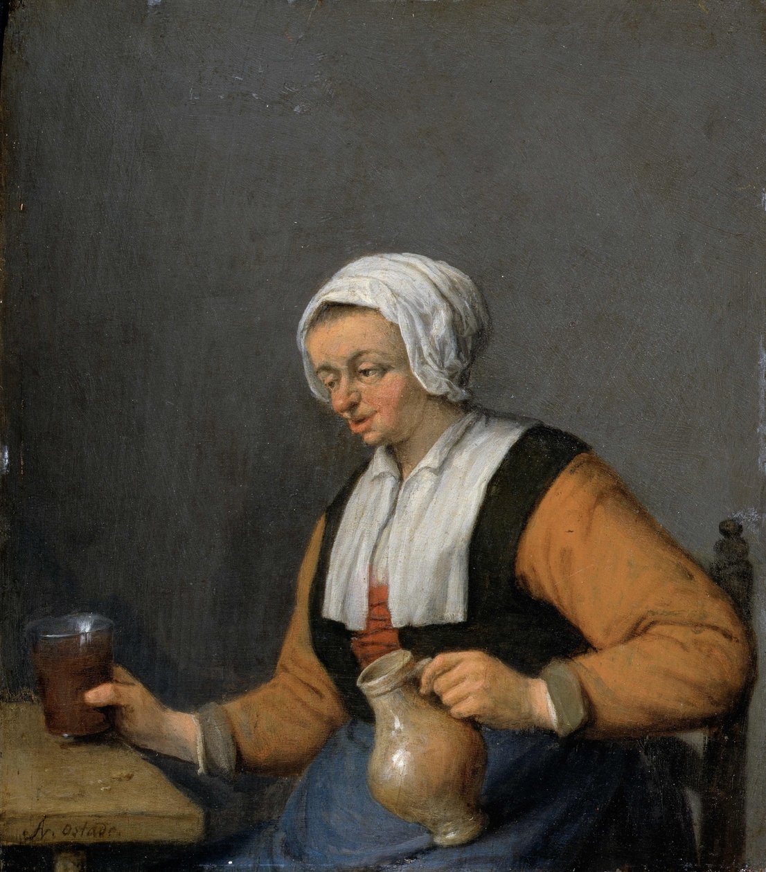 一个女人用啤酒壶 作者 阿德里亚恩·扬斯（Adriaen Jansz）。范·奥斯塔德