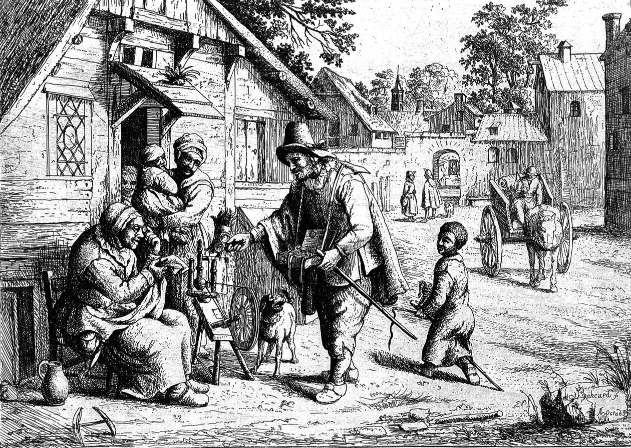 一个奇观的小贩向一位老太太展示他的商品 作者 阿德里亚恩·扬斯（Adriaen Jansz）。范·奥斯塔德