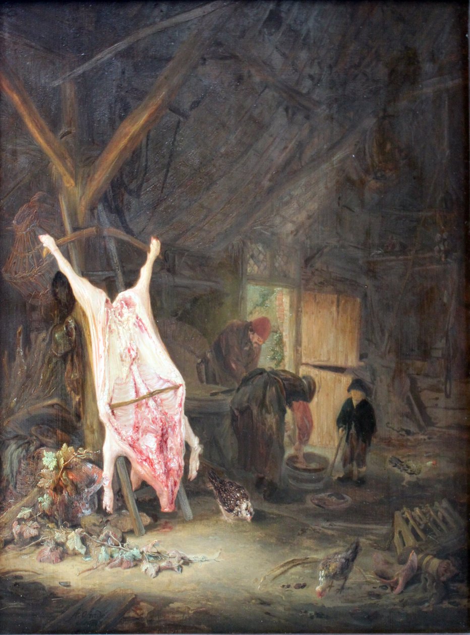 屠宰猪在谷仓里 作者 阿德里亚恩·扬斯（Adriaen Jansz）。范·奥斯塔德