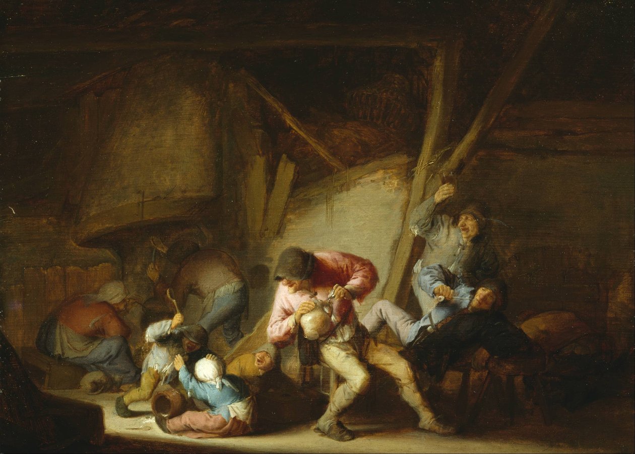 内部与饮酒人物和哭泣的孩子 作者 阿德里亚恩·扬斯（Adriaen Jansz）。范·奥斯塔德