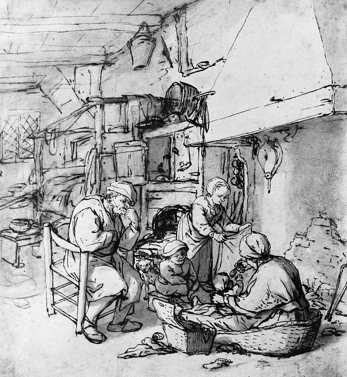 喂养有匙子的母亲新出生的婴孩 作者 阿德里亚恩·扬斯（Adriaen Jansz）。范·奥斯塔德