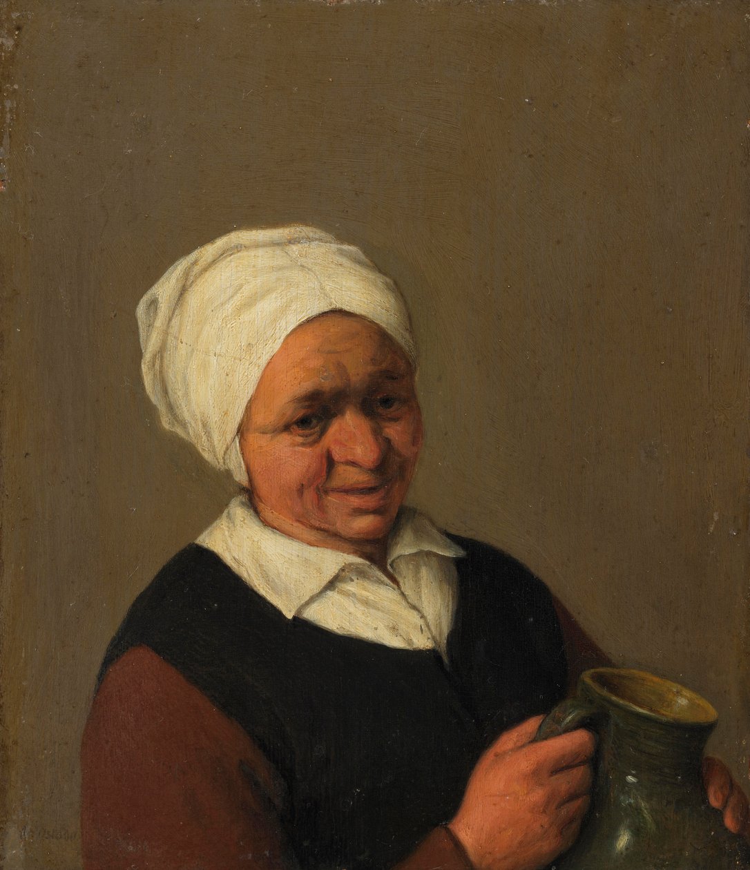拿着水罐的老农民妇女，c.1643 作者 阿德里亚恩·扬斯（Adriaen Jansz）。范·奥斯塔德