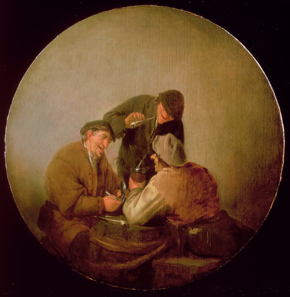 三个农民在内部喝酒和吸烟 作者 阿德里亚恩·扬斯（Adriaen Jansz）。范·奥斯塔德