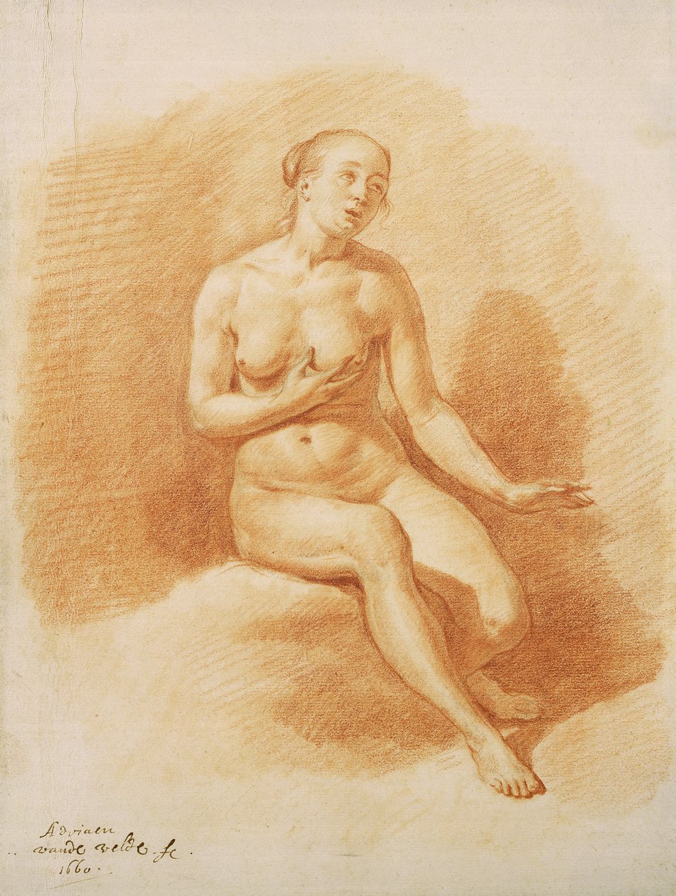 女裸体，1660（纸上的红色粉笔） 作者 阿德里亚恩·范·德·韦尔德