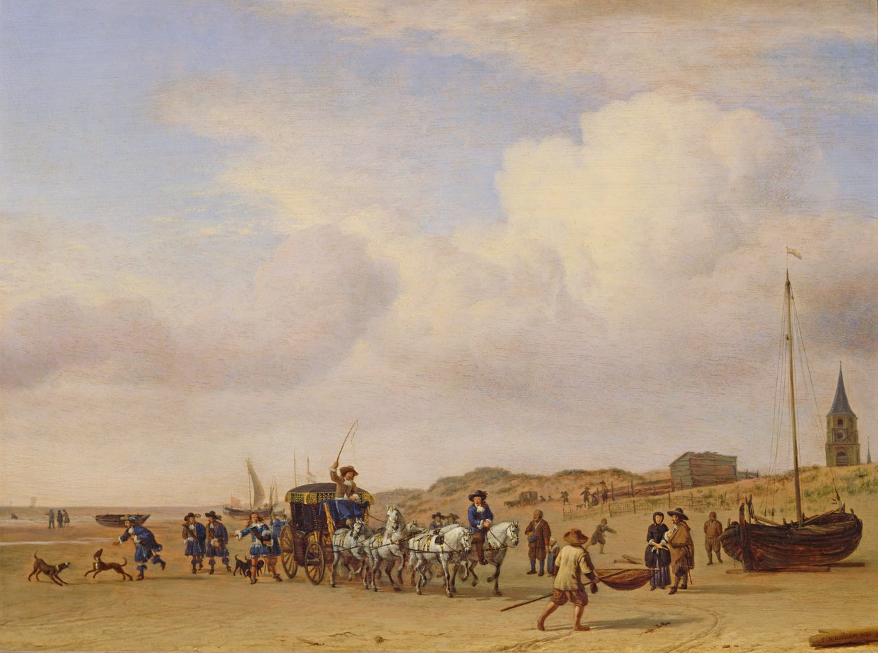 1660年斯海弗宁恩海滩上的贵族马车 作者 阿德里亚恩·范·德·韦尔德