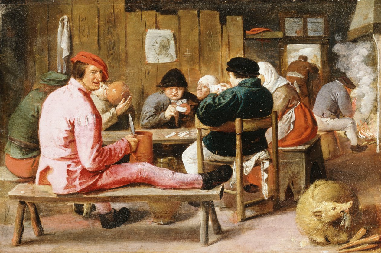 约在1625年在小酒馆的餐桌旁吸烟和饮酒的人 作者 阿德里安布劳威尔