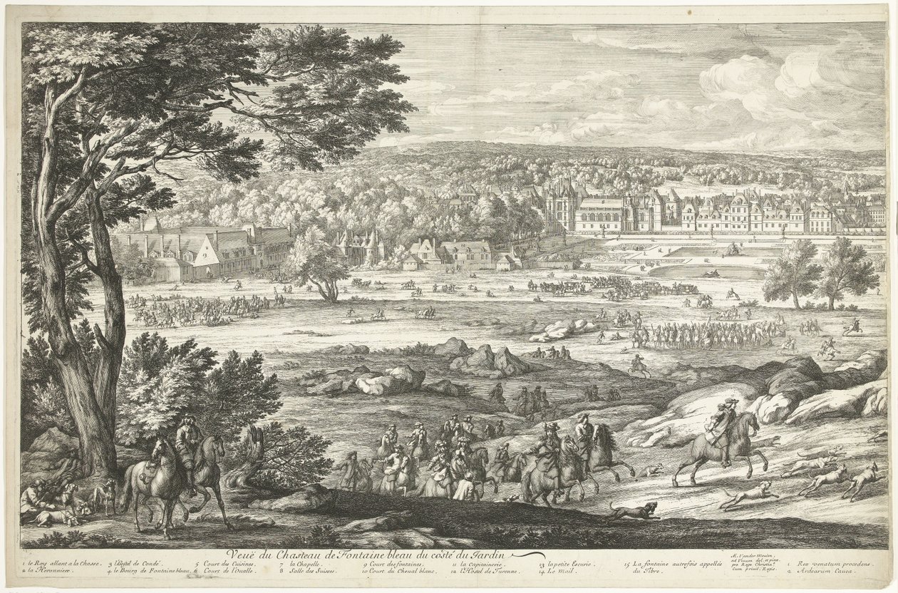 枫丹白露城堡景观（左页）
Veuë du Chasteau de Fontainebleau du costé du Jardin（物上标题） 作者 阿德里亚恩·弗朗斯·布德温斯